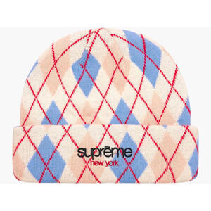 Supreme Argyle Cashmere‎ Beanie Hat FW21 New Wool Blend Plaid White Pink Blue